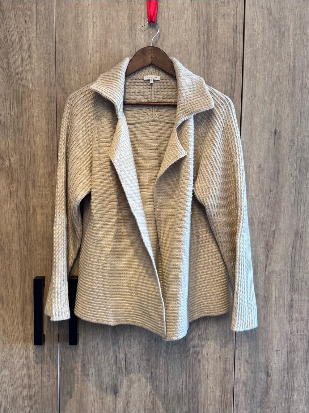 Coastal Lafayette 148 Cashmere Collared Beige Open-Front Ribbed Sweater M Cozy